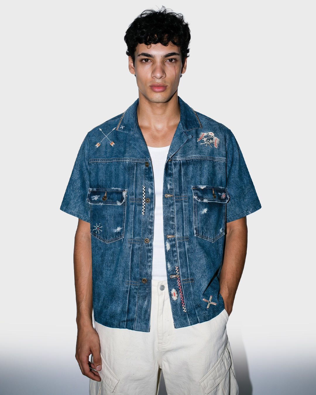Camicia da campo Folk con stampa denim