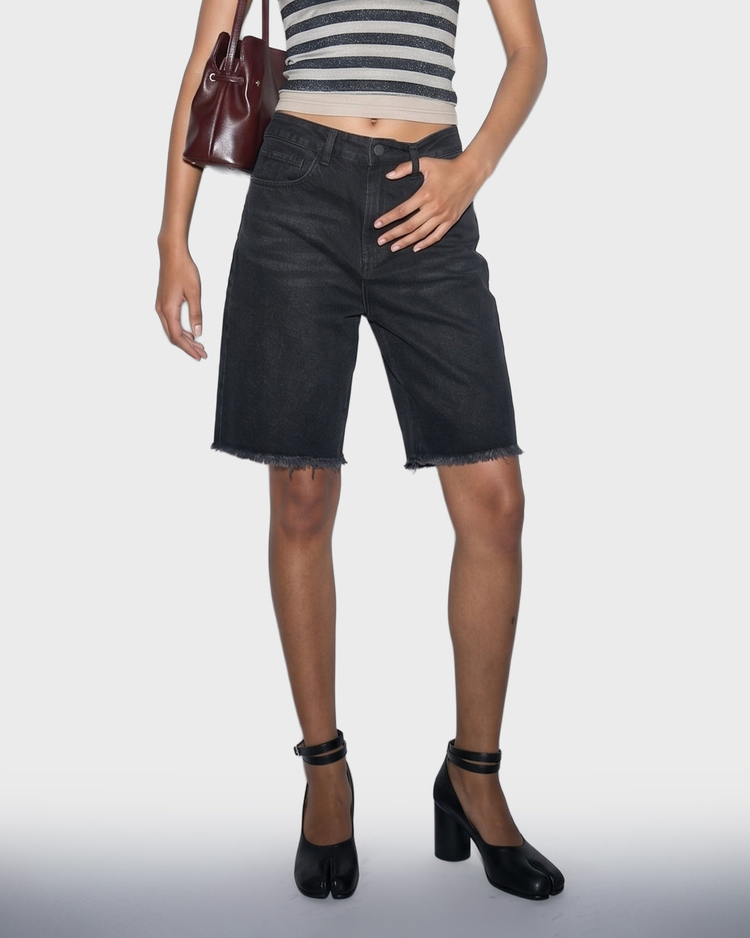 Off Black Frayed Denim Shorts