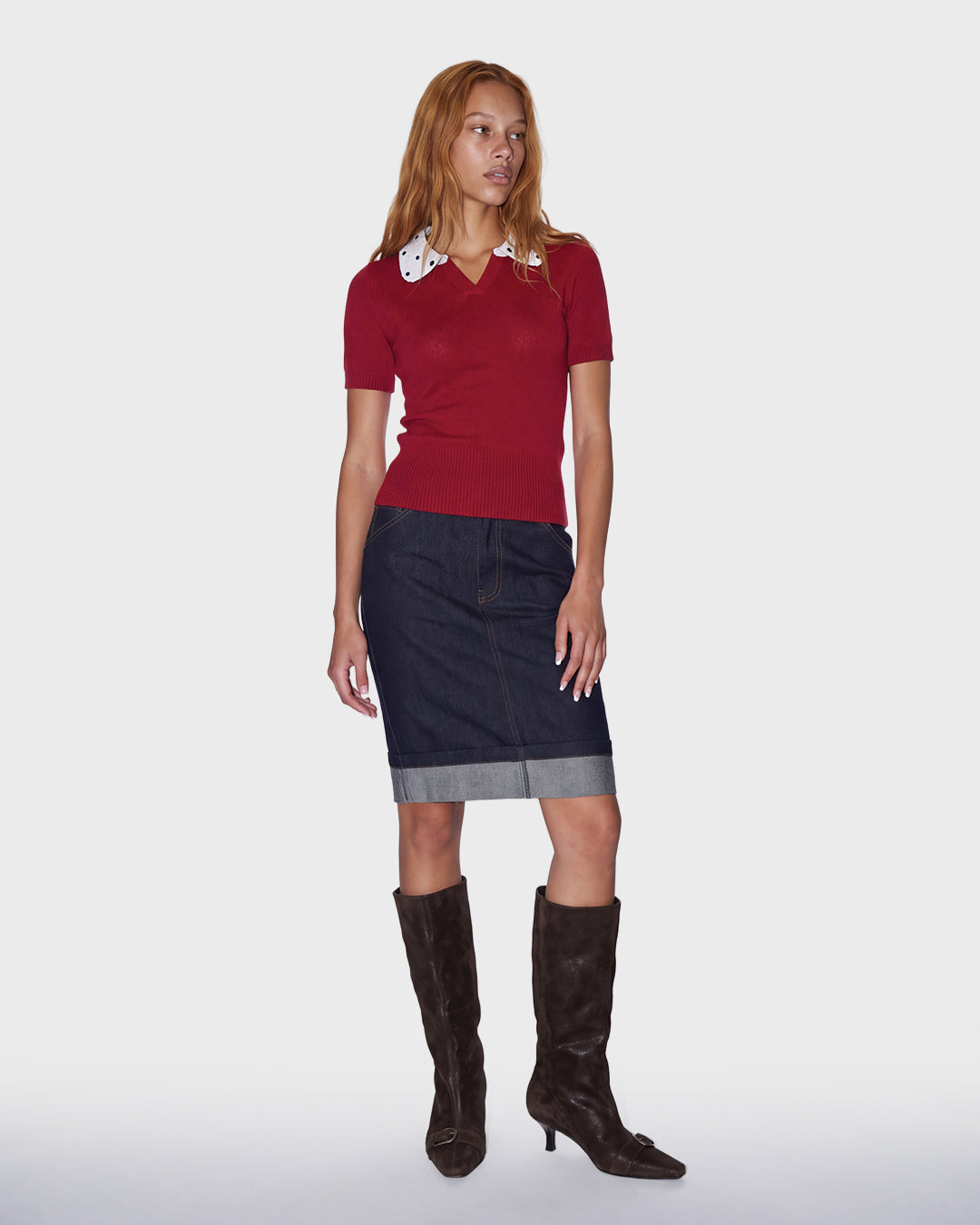 Cuffed Denim Pencil Skirt