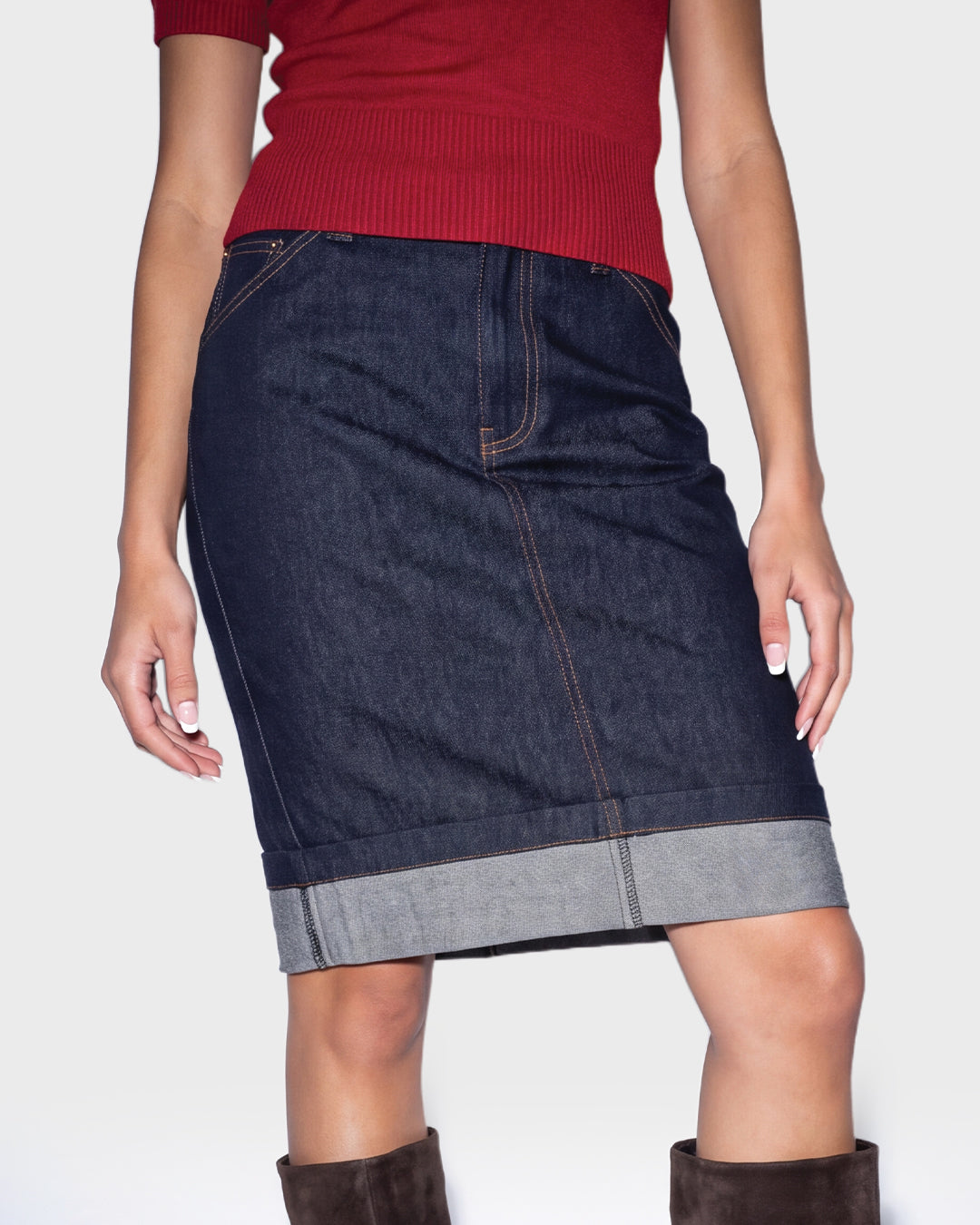 Cuffed Denim Pencil Skirt
